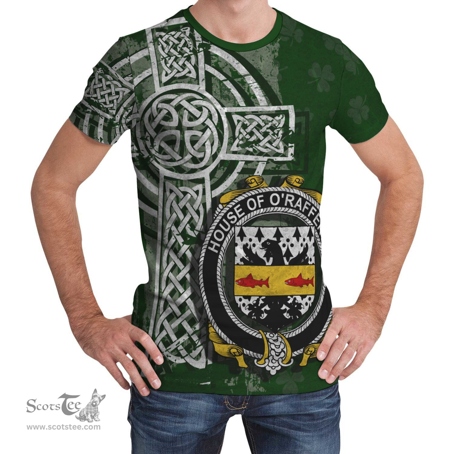 ScotsTee Shop Irish Rafferty or O'Rafferty Coat of Arms Irish Family Crest T Shirt Irish Shamrock Celtic Cross Green T Shirt