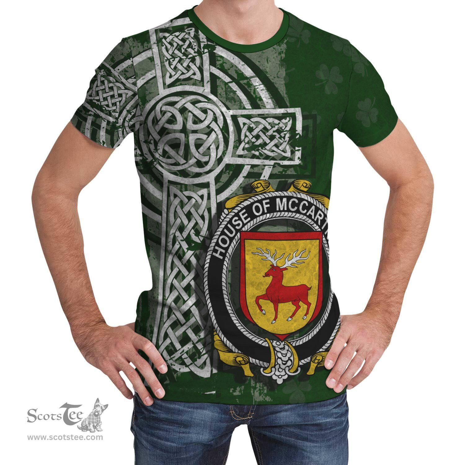 ScotsTee Shop Irish McCartney or MacCartney Coat of Arms Irish Family Crest T Shirt Irish Shamrock Celtic Cross Green T Shirt
