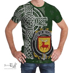 ScotsTee Shop Irish McCartney or MacCartney Coat of Arms Irish Family Crest T Shirt Irish Shamrock Celtic Cross Green T Shirt