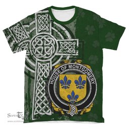 ScotsTee Shop Irish Montgomery Coat of Arms Irish Family Crest T Shirt Irish Shamrock Celtic Cross Green T Shirt