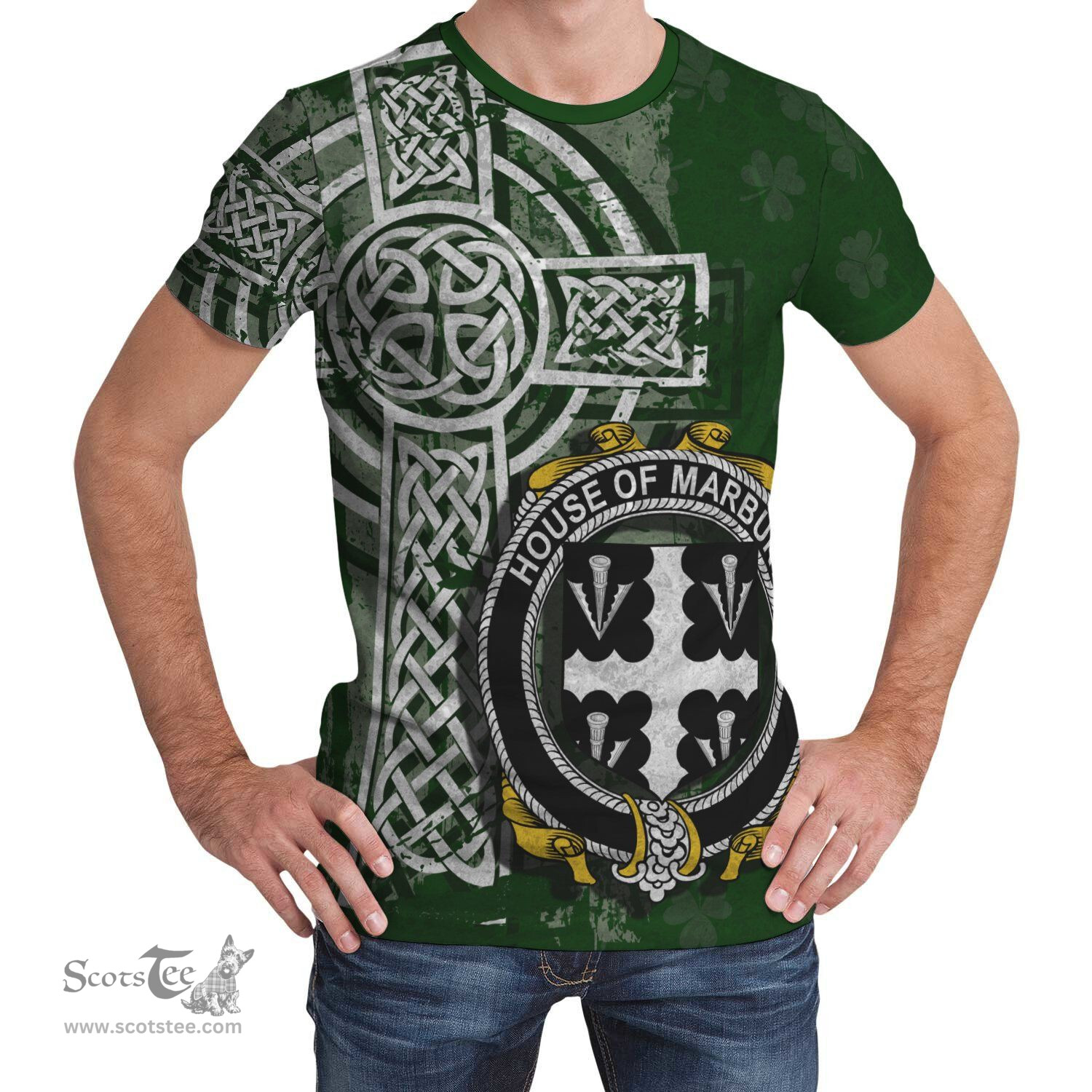 ScotsTee Shop Irish Marbury or Maybery Coat of Arms Irish Family Crest T Shirt Irish Shamrock Celtic Cross Green T Shirt