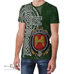 ScotsTee Shop Irish Rainey Coat of Arms Irish Family Crest T Shirt Irish Shamrock Celtic Cross Green T Shirt