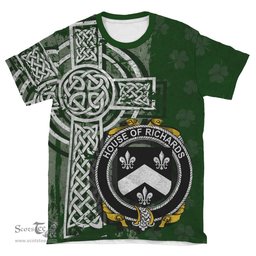ScotsTee Shop Irish Richards Coat of Arms Irish Family Crest T Shirt Irish Shamrock Celtic Cross Green T Shirt