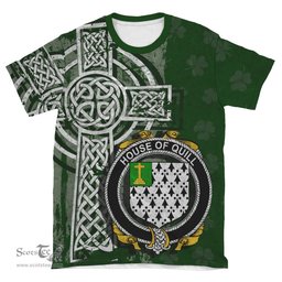 ScotsTee Shop Irish Quill Coat of Arms Irish Family Crest T Shirt Irish Shamrock Celtic Cross Green T Shirt