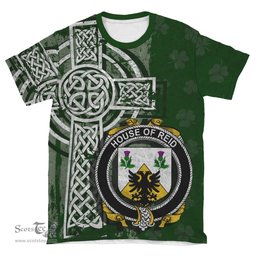ScotsTee Shop Irish Reid Coat of Arms Irish Family Crest T Shirt Irish Shamrock Celtic Cross Green T Shirt