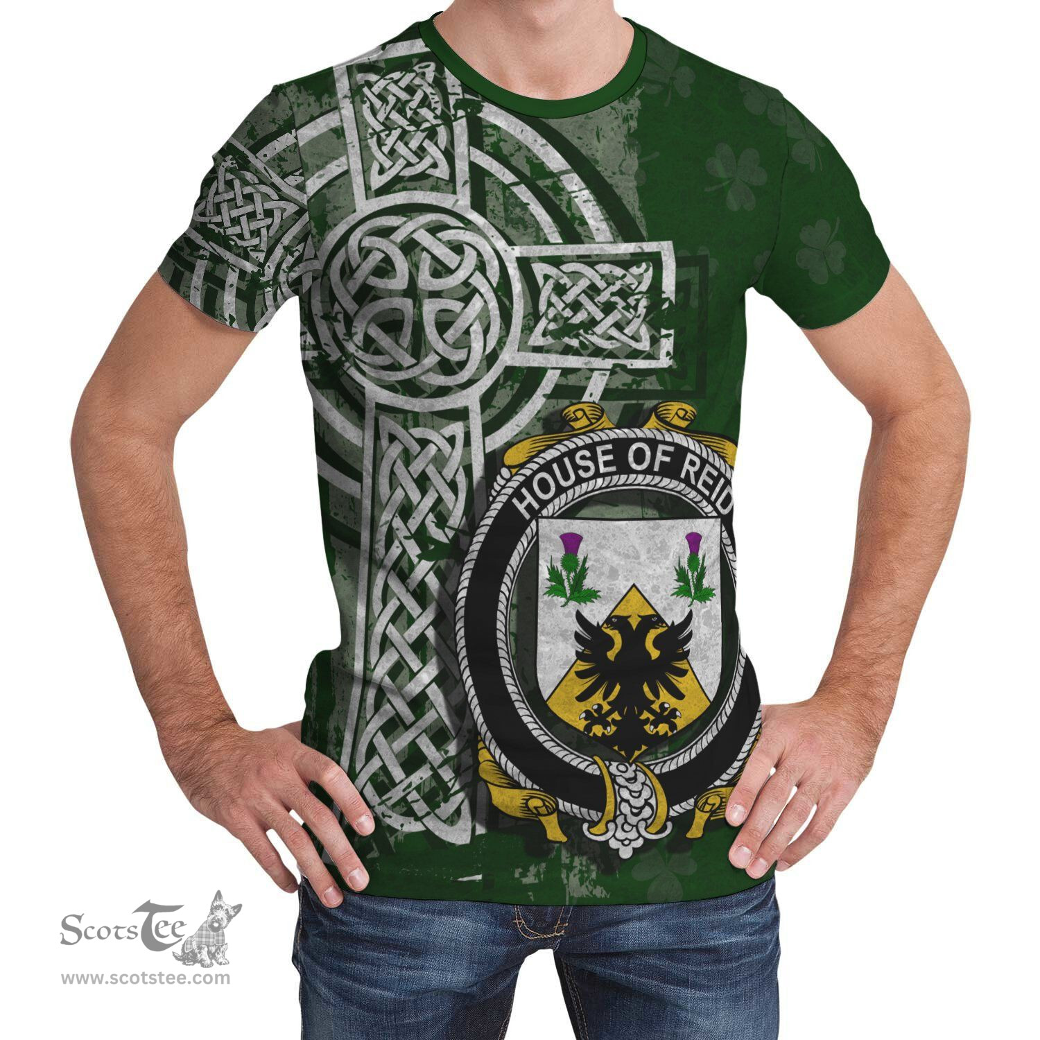 ScotsTee Shop Irish Reid Coat of Arms Irish Family Crest T Shirt Irish Shamrock Celtic Cross Green T Shirt