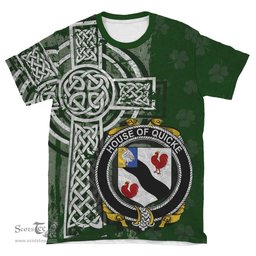 ScotsTee Shop Irish Quicke Coat of Arms Irish Family Crest T Shirt Irish Shamrock Celtic Cross Green T Shirt