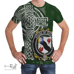 ScotsTee Shop Irish Quicke Coat of Arms Irish Family Crest T Shirt Irish Shamrock Celtic Cross Green T Shirt