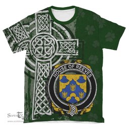 ScotsTee Shop Irish Reeves Coat of Arms Irish Family Crest T Shirt Irish Shamrock Celtic Cross Green T Shirt