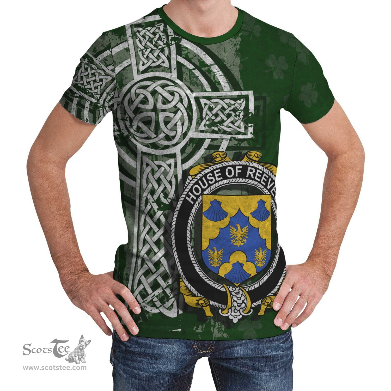 ScotsTee Shop Irish Reeves Coat of Arms Irish Family Crest T Shirt Irish Shamrock Celtic Cross Green T Shirt