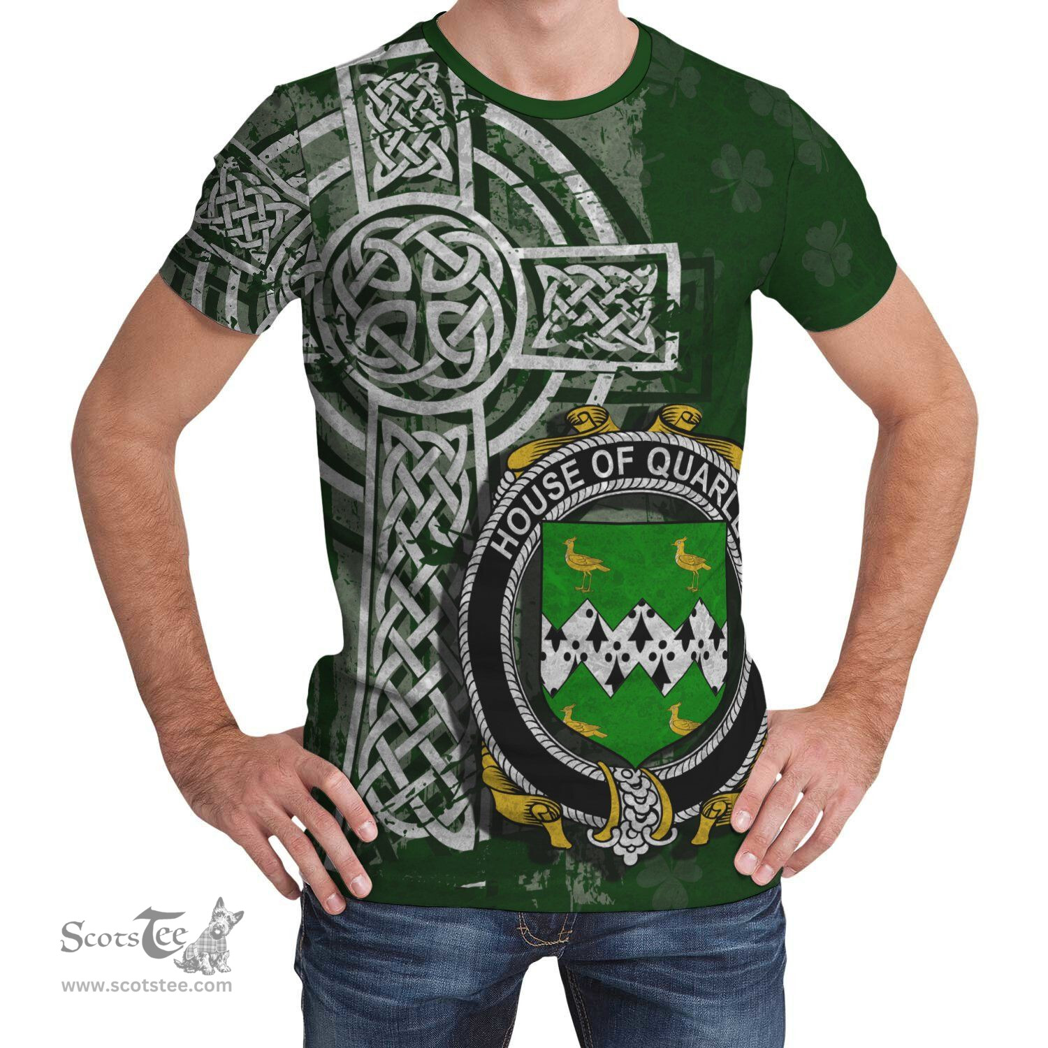 ScotsTee Shop Irish Quarles Coat of Arms Irish Family Crest T Shirt Irish Shamrock Celtic Cross Green T Shirt