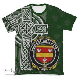 ScotsTee Shop Irish Willoughby Coat of Arms Irish Family Crest T Shirt Irish Shamrock Celtic Cross Green T Shirt