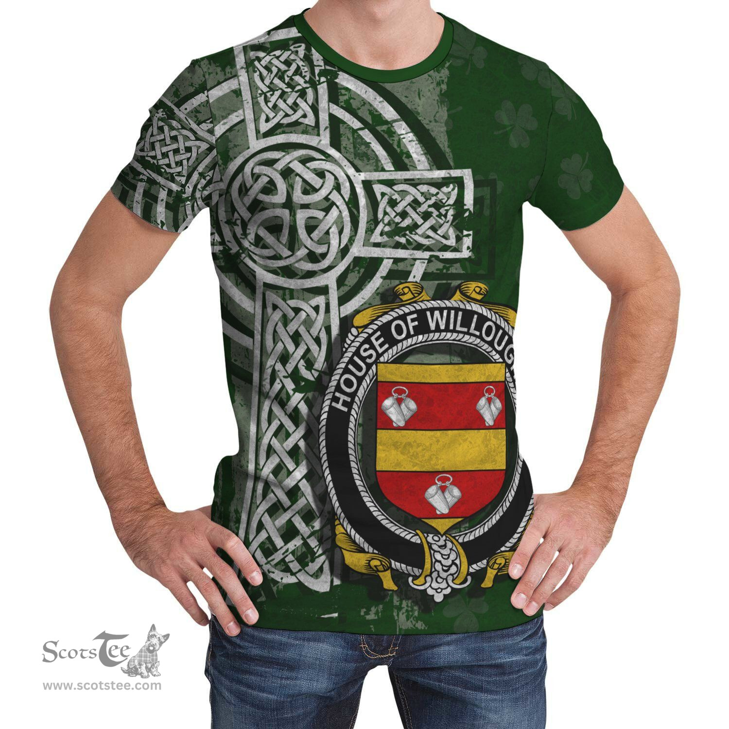ScotsTee Shop Irish Willoughby Coat of Arms Irish Family Crest T Shirt Irish Shamrock Celtic Cross Green T Shirt
