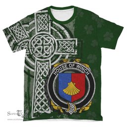 ScotsTee Shop Irish Winch Coat of Arms Irish Family Crest T Shirt Irish Shamrock Celtic Cross Green T Shirt