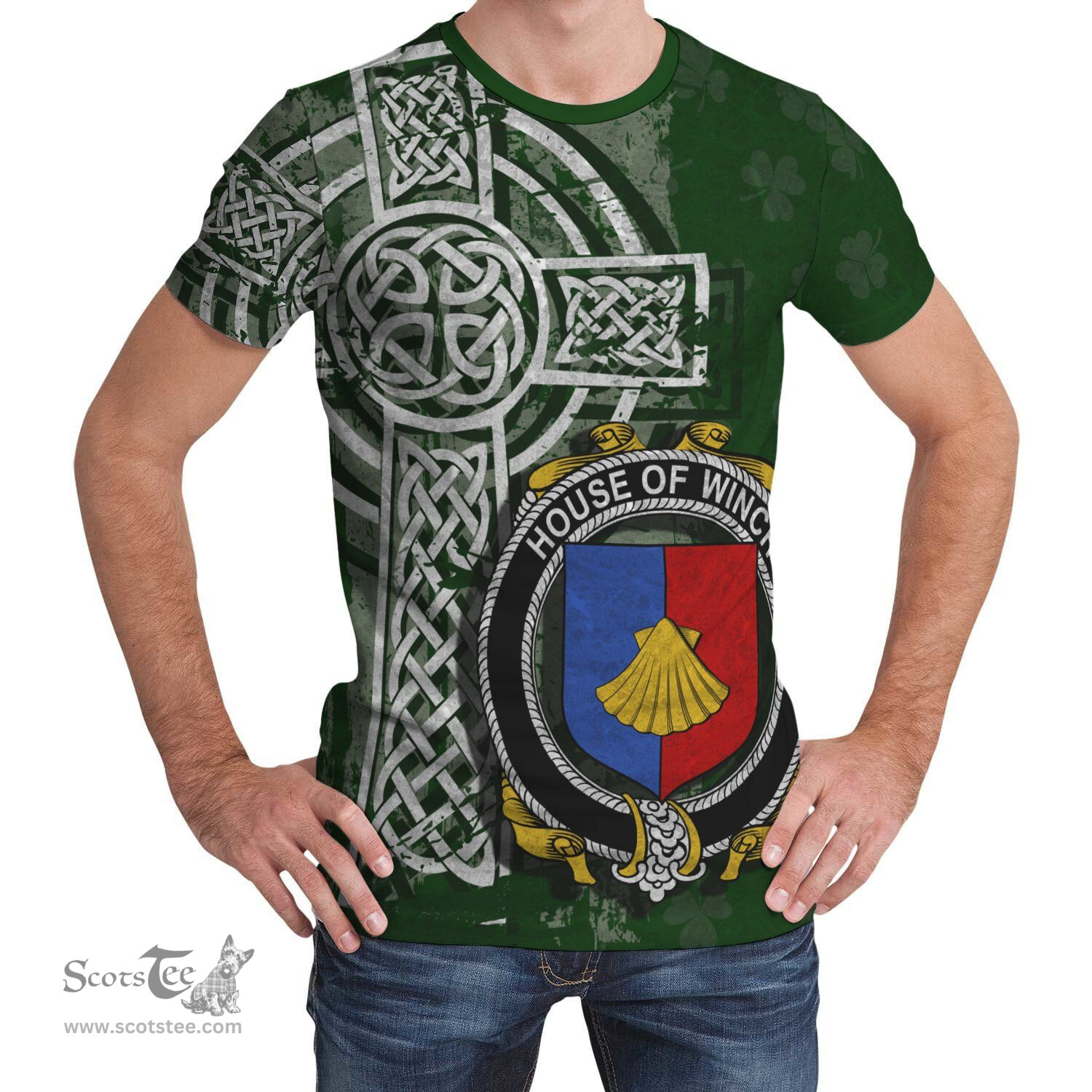 ScotsTee Shop Irish Winch Coat of Arms Irish Family Crest T Shirt Irish Shamrock Celtic Cross Green T Shirt