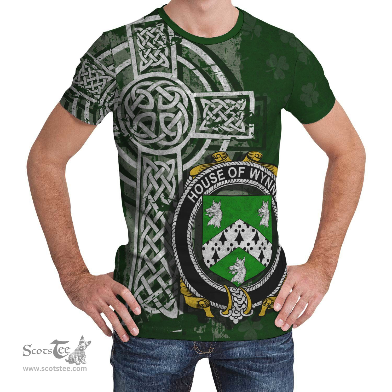 ScotsTee Shop Irish Wynne Coat of Arms Irish Family Crest T Shirt Irish Shamrock Celtic Cross Green T Shirt