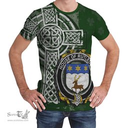 ScotsTee Shop Irish Rutledge Coat of Arms Irish Family Crest T Shirt Irish Shamrock Celtic Cross Green T Shirt