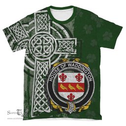 ScotsTee Shop Irish Waddington Coat of Arms Irish Family Crest T Shirt Irish Shamrock Celtic Cross Green T Shirt
