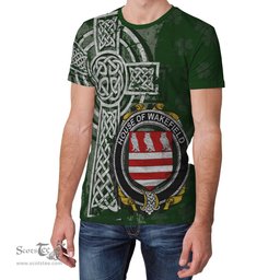 ScotsTee Shop Irish Wakefield Coat of Arms Irish Family Crest T Shirt Irish Shamrock Celtic Cross Green T Shirt
