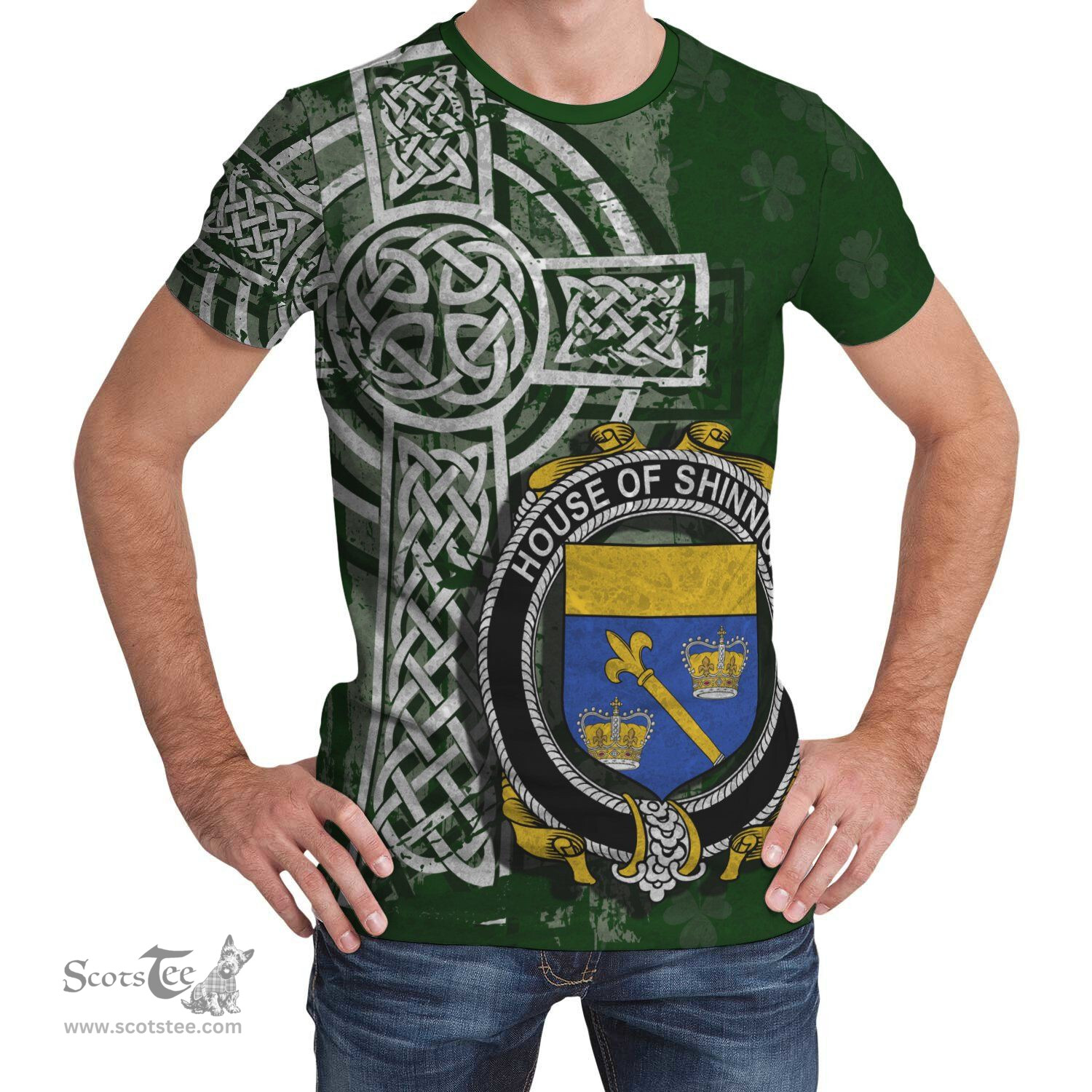 ScotsTee Shop Irish Shinnick Coat of Arms Irish Family Crest T Shirt Irish Shamrock Celtic Cross Green T Shirt