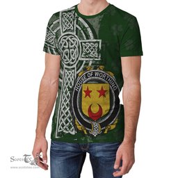 ScotsTee Shop Irish Worthing Coat of Arms Irish Family Crest T Shirt Irish Shamrock Celtic Cross Green T Shirt