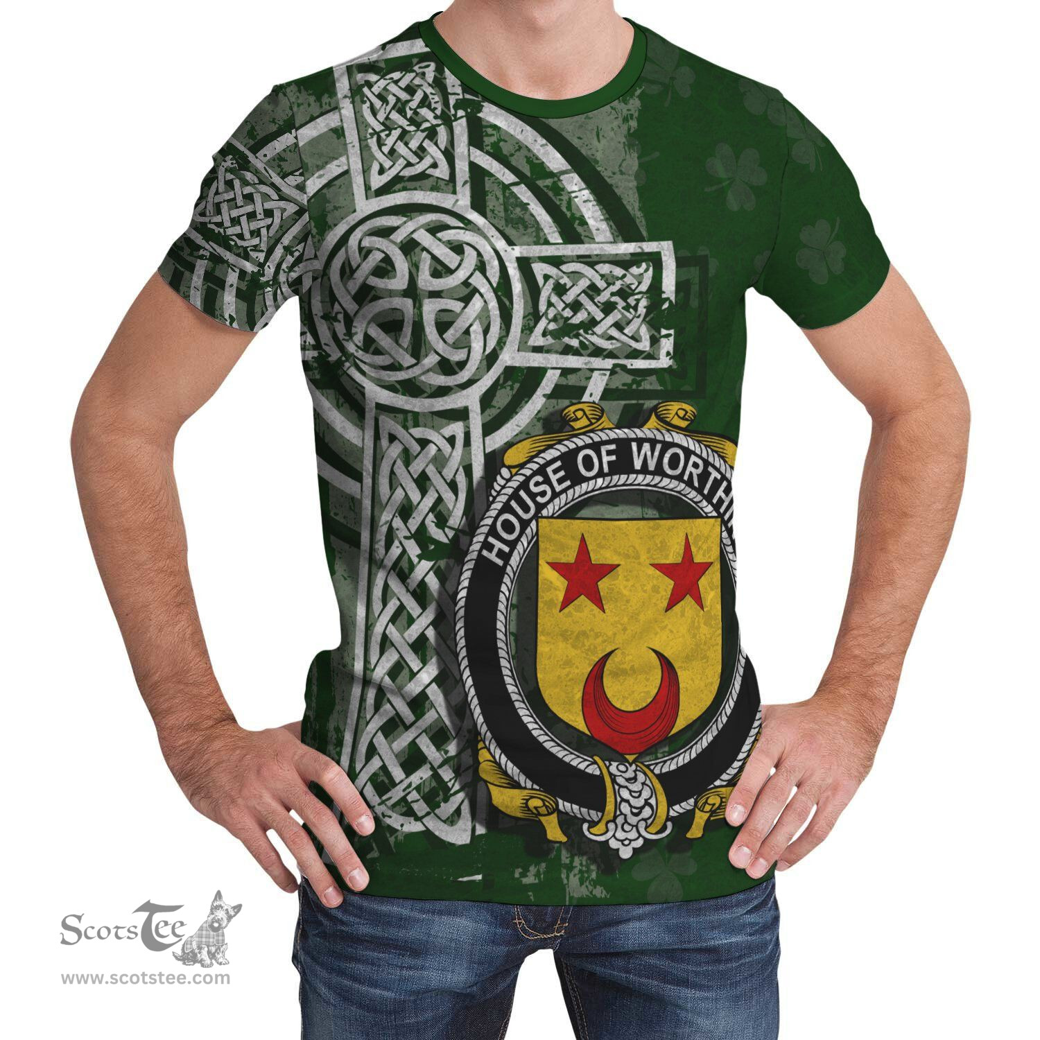 ScotsTee Shop Irish Worthing Coat of Arms Irish Family Crest T Shirt Irish Shamrock Celtic Cross Green T Shirt