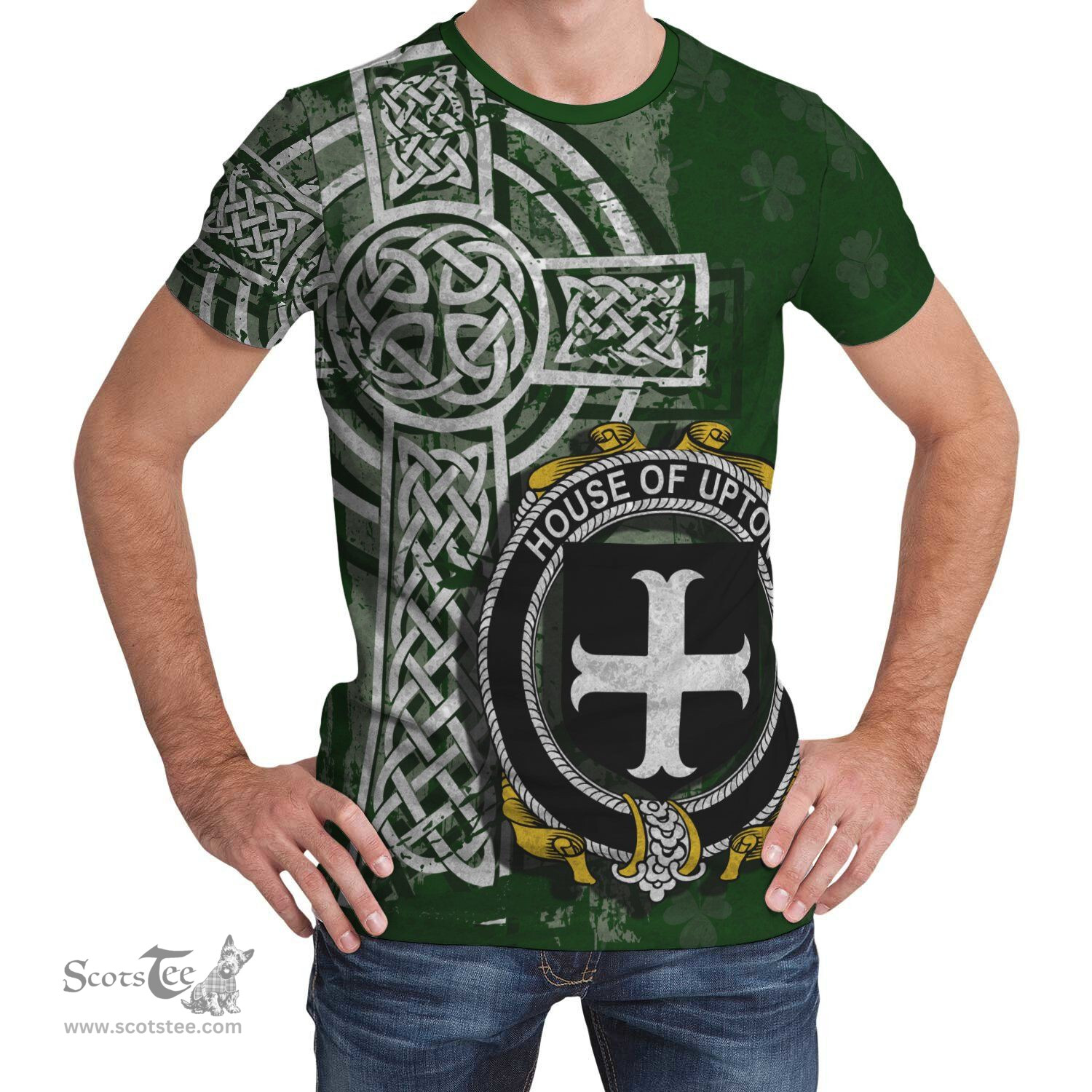 ScotsTee Shop Irish Upton Coat of Arms Irish Family Crest T Shirt Irish Shamrock Celtic Cross Green T Shirt