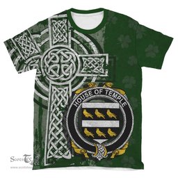 ScotsTee Shop Irish Temple Coat of Arms Irish Family Crest T Shirt Irish Shamrock Celtic Cross Green T Shirt
