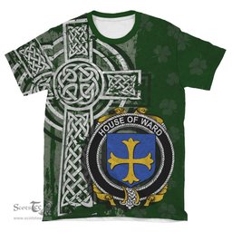 ScotsTee Shop Irish Ward Coat of Arms Irish Family Crest T Shirt Irish Shamrock Celtic Cross Green T Shirt