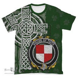 ScotsTee Shop Irish Tuite Coat of Arms Irish Family Crest T Shirt Irish Shamrock Celtic Cross Green T Shirt