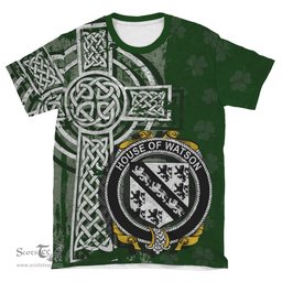 ScotsTee Shop Irish Watson Coat of Arms Irish Family Crest T Shirt Irish Shamrock Celtic Cross Green T Shirt