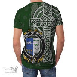 ScotsTee Shop Irish Sheehy or McSheehy Coat of Arms Irish Family Crest T Shirt Irish Shamrock Celtic Cross Green T Shirt