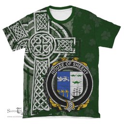 ScotsTee Shop Irish Sheehy or McSheehy Coat of Arms Irish Family Crest T Shirt Irish Shamrock Celtic Cross Green T Shirt