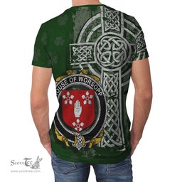 ScotsTee Shop Irish Worsopp Coat of Arms Irish Family Crest T Shirt Irish Shamrock Celtic Cross Green T Shirt