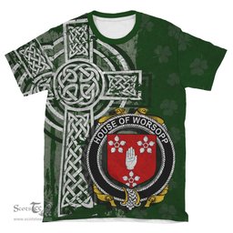 ScotsTee Shop Irish Worsopp Coat of Arms Irish Family Crest T Shirt Irish Shamrock Celtic Cross Green T Shirt