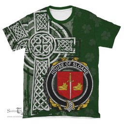 ScotsTee Shop Irish Sloane Coat of Arms Irish Family Crest T Shirt Irish Shamrock Celtic Cross Green T Shirt