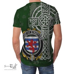 ScotsTee Shop Irish Stratford Coat of Arms Irish Family Crest T Shirt Irish Shamrock Celtic Cross Green T Shirt