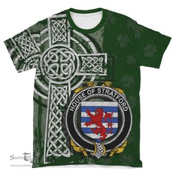 ScotsTee Shop Irish Stratford Coat of Arms Irish Family Crest T Shirt Irish Shamrock Celtic Cross Green T Shirt