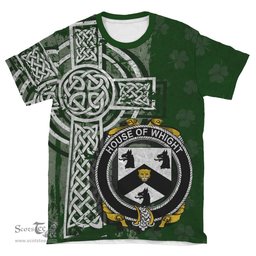 ScotsTee Shop Irish Whight Coat of Arms Irish Family Crest T Shirt Irish Shamrock Celtic Cross Green T Shirt