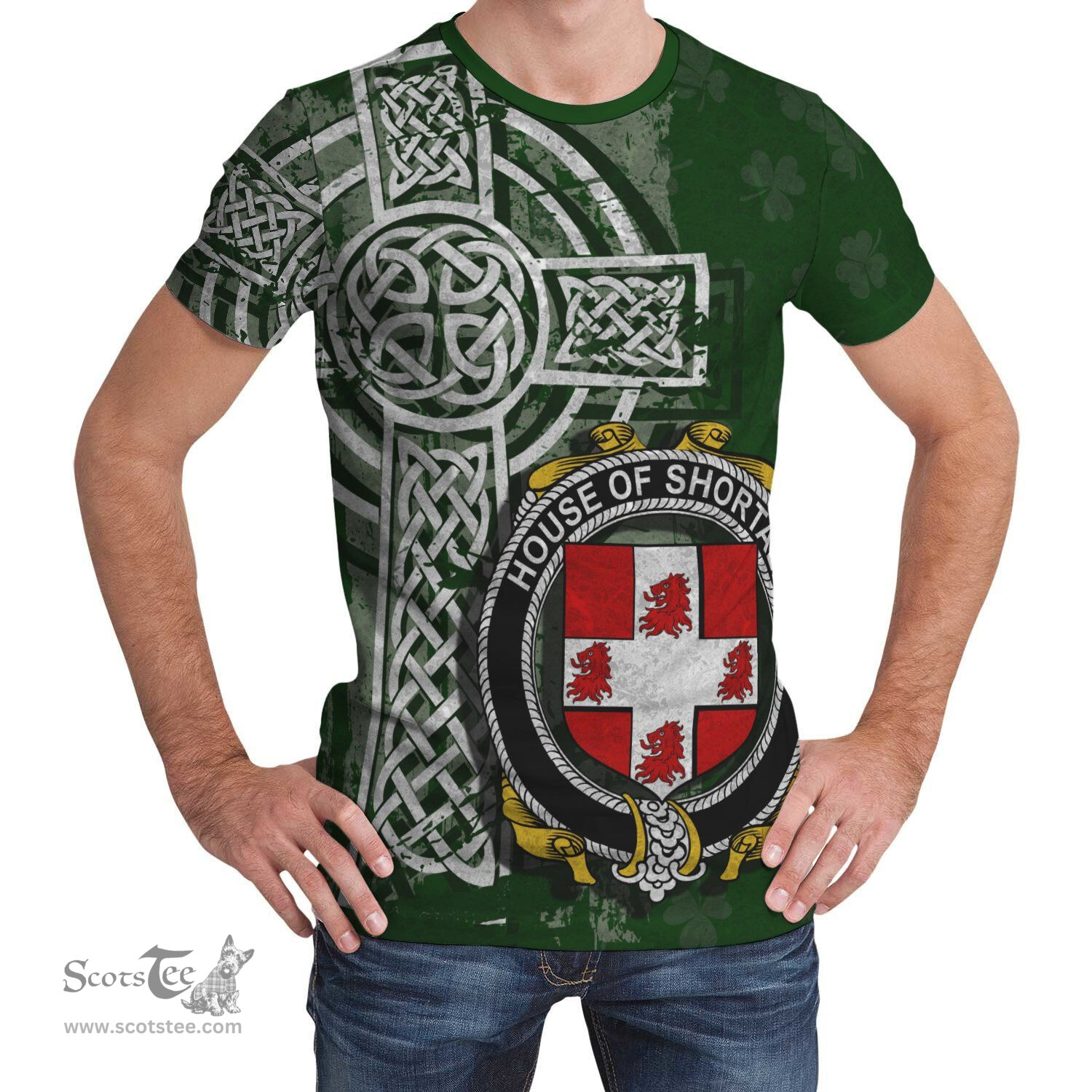 ScotsTee Shop Irish Shortall Coat of Arms Irish Family Crest T Shirt Irish Shamrock Celtic Cross Green T Shirt