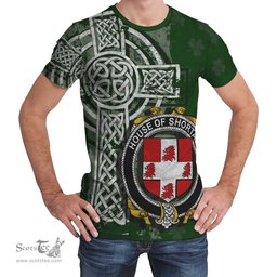 ScotsTee Shop Irish Shortall Coat of Arms Irish Family Crest T Shirt Irish Shamrock Celtic Cross Green T Shirt