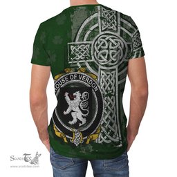 ScotsTee Shop Irish Verdon Coat of Arms Irish Family Crest T Shirt Irish Shamrock Celtic Cross Green T Shirt