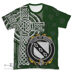 ScotsTee Shop Irish Waring Coat of Arms Irish Family Crest T Shirt Irish Shamrock Celtic Cross Green T Shirt