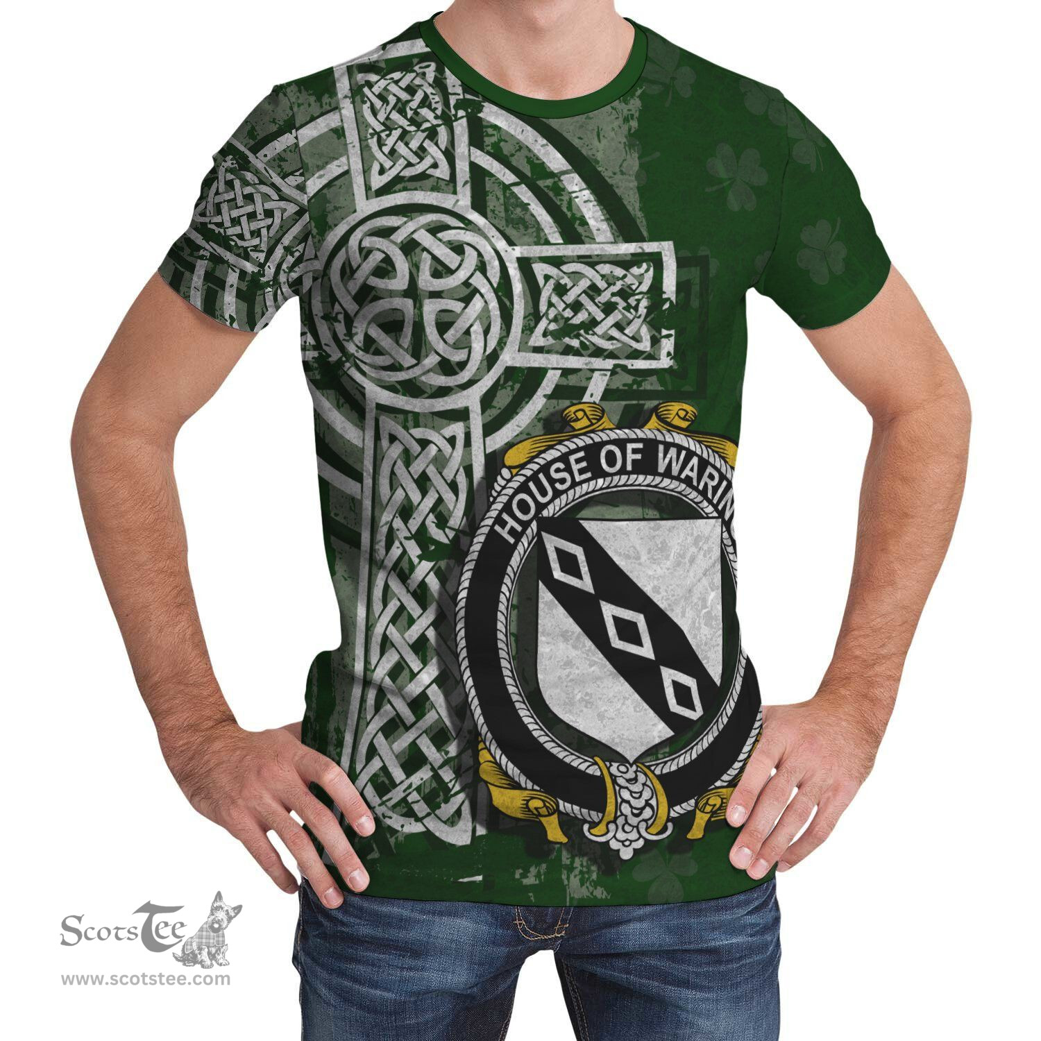 ScotsTee Shop Irish Waring Coat of Arms Irish Family Crest T Shirt Irish Shamrock Celtic Cross Green T Shirt