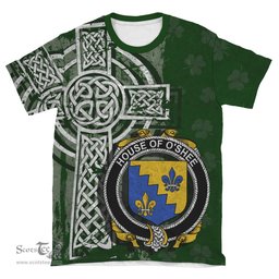 ScotsTee Shop Irish Shea or O'Shee Coat of Arms Irish Family Crest T Shirt Irish Shamrock Celtic Cross Green T Shirt
