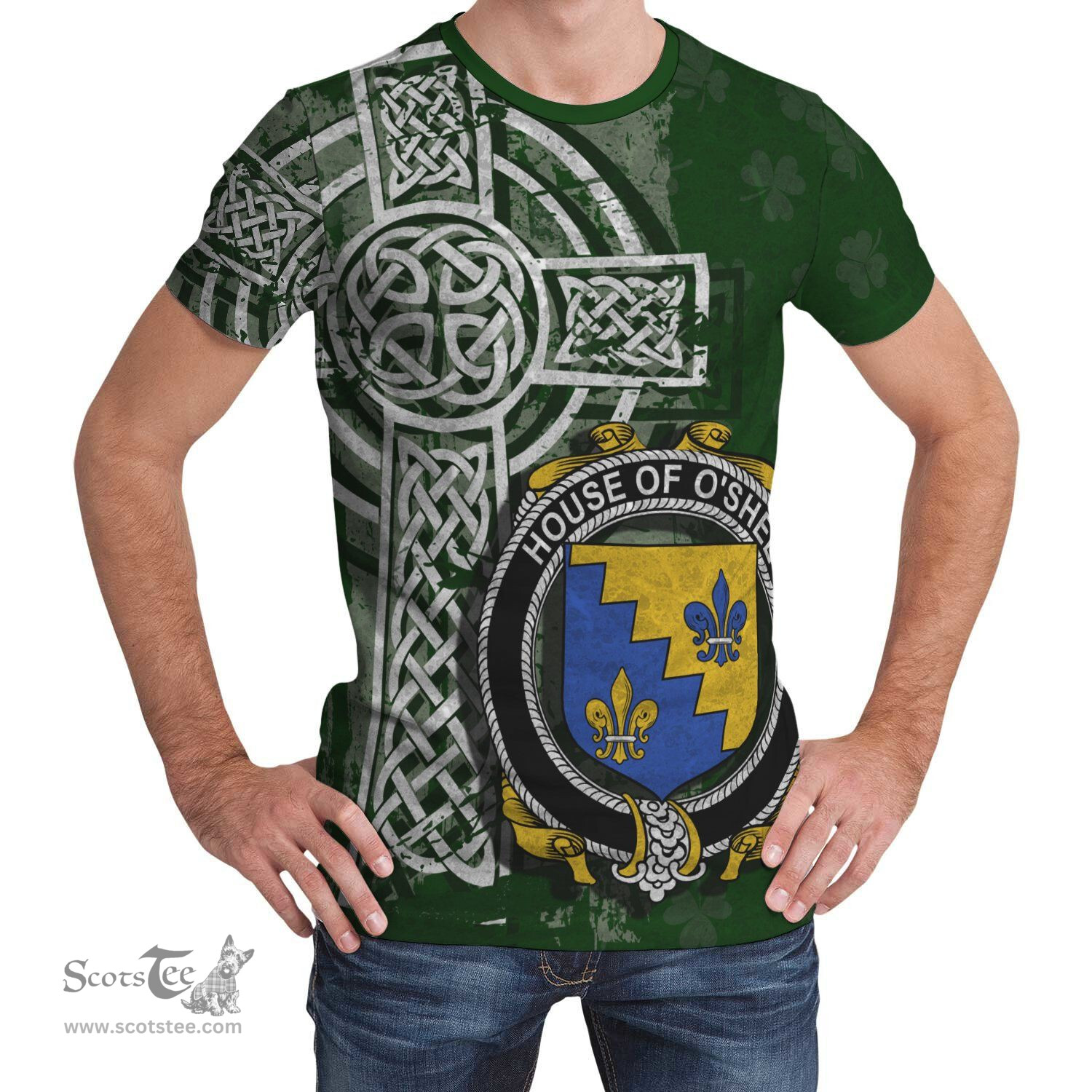 ScotsTee Shop Irish Shea or O'Shee Coat of Arms Irish Family Crest T Shirt Irish Shamrock Celtic Cross Green T Shirt