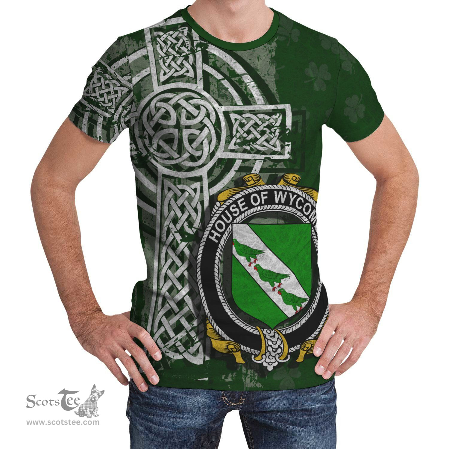 ScotsTee Shop Irish Wycombe Coat of Arms Irish Family Crest T Shirt Irish Shamrock Celtic Cross Green T Shirt