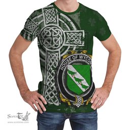 ScotsTee Shop Irish Wycombe Coat of Arms Irish Family Crest T Shirt Irish Shamrock Celtic Cross Green T Shirt