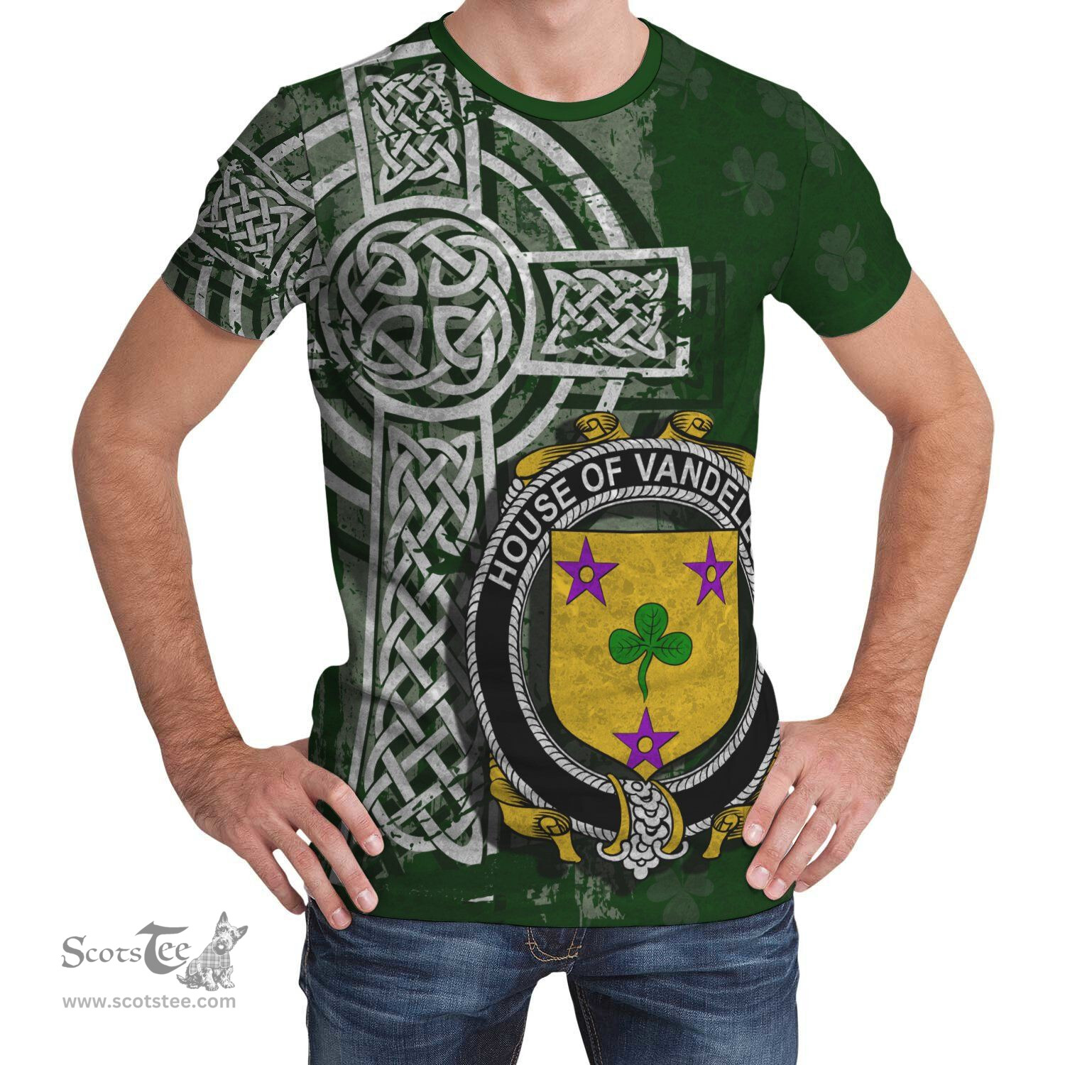 ScotsTee Shop Irish Vandeleur Coat of Arms Irish Family Crest T Shirt Irish Shamrock Celtic Cross Green T Shirt
