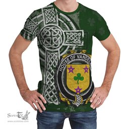 ScotsTee Shop Irish Vandeleur Coat of Arms Irish Family Crest T Shirt Irish Shamrock Celtic Cross Green T Shirt